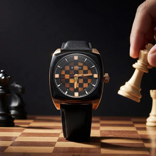 A close-up of the Titan "Grandmaster X Gukesh Dommaraju" limited edition watch featuring a square rose-gold case and a checkered marquetry dial made of tiger eye and black agate. The watch is positioned on a chessboard next to a white King piece.