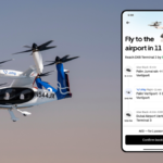 A white and blue Joby Aviation electric air taxi flying next to a smartphone displaying the Uber app. The app screen shows a multi-modal booking from Palm Jumeirah to DXB Terminal 3, including Uber Black rides to and from vertiports and an 11-minute Joby flight.