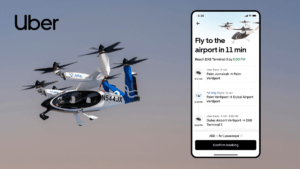 A white and blue Joby Aviation electric air taxi flying next to a smartphone displaying the Uber app. The app screen shows...