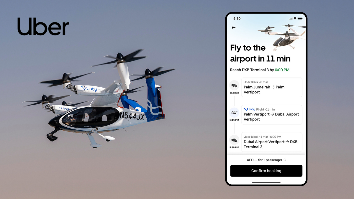 A white and blue Joby Aviation electric air taxi flying next to a smartphone displaying the Uber app. The app screen shows a multi-modal booking from Palm Jumeirah to DXB Terminal 3, including Uber Black rides to and from vertiports and an 11-minute Joby flight.