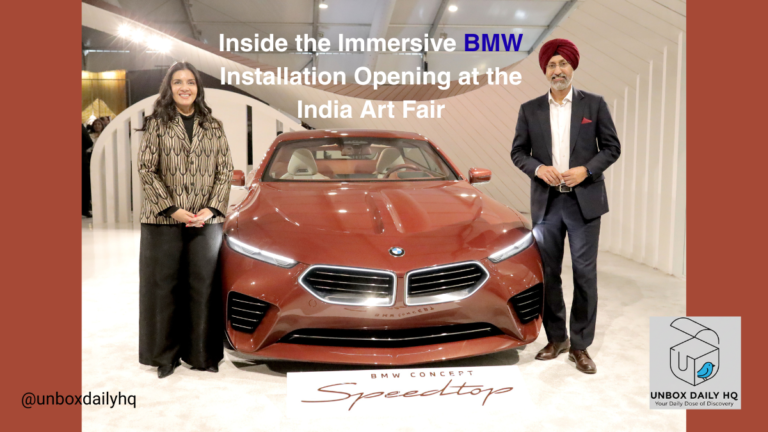 (L-R) Jaya Asokan, Fair Director of India Art Fair, and Hardeep Singh Brar, President and CEO of BMW Group India, standing before the BMW Concept Speedtop at the 2026 India Art Fair.