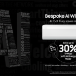 Promotional graphic for the Samsung Bespoke AI WindFree air conditioner. The image features a white indoor AC unit against a black background with stylized typography. A circular badge highlights "Save up to 30% Energy with AI Energy Mode".