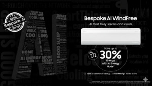 Promotional graphic for the Samsung Bespoke AI WindFree air conditioner. The image features a white indoor AC unit against...