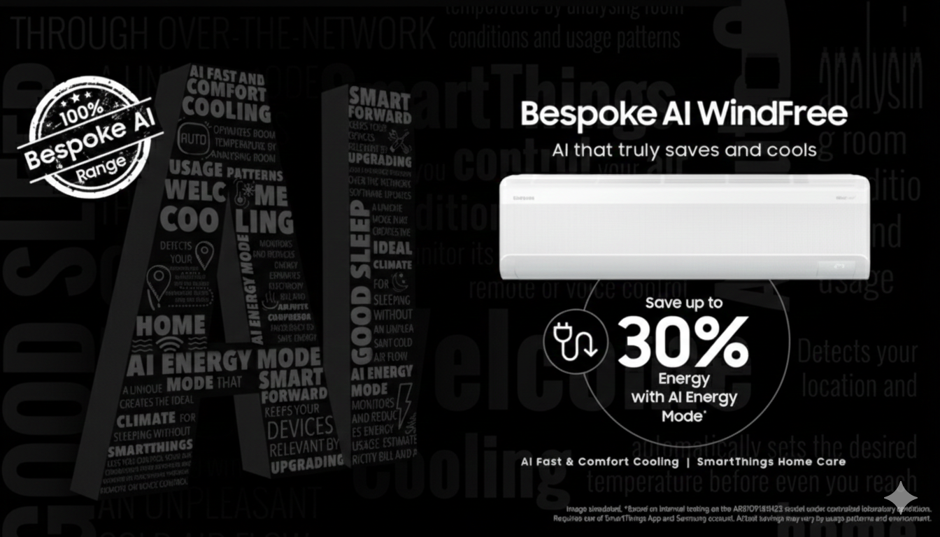 Promotional graphic for the Samsung Bespoke AI WindFree air conditioner. The image features a white indoor AC unit against a black background with stylized typography. A circular badge highlights "Save up to 30% Energy with AI Energy Mode".
