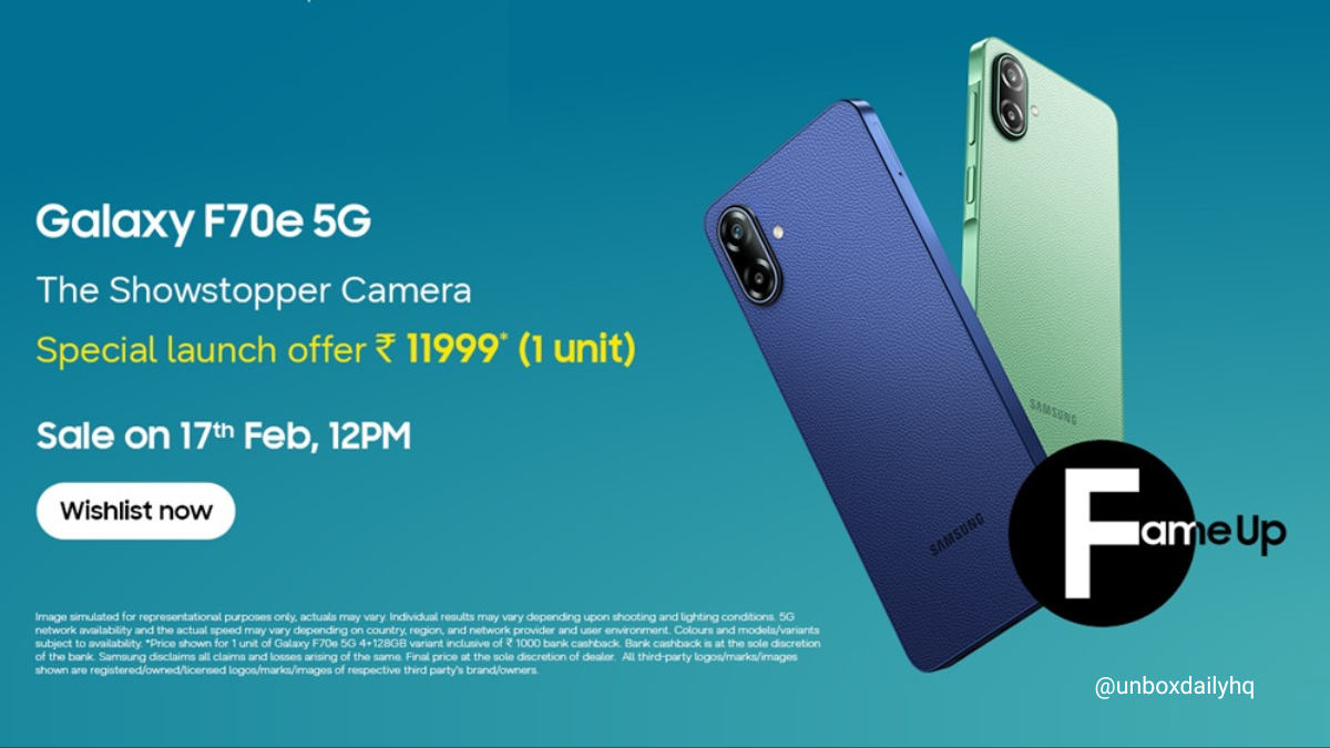 The newly launched Samsung Galaxy F70e 5G in Spotlight Blue and Limelight Green, featuring a premium leather-pattern finish and a high-resolution Showstopper Camera