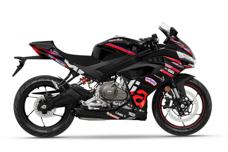 Side view of the 2026 Aprilia RS 457 GP Replica in MotoGP livery featuring the blacked-out aluminum frame and bi-directional quickshifter.