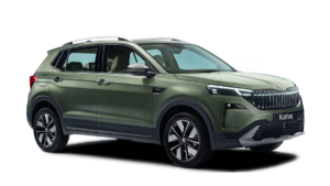 Three-quarter side profile of the 2026 Skoda Kushaq Facelift in the new Shimla Green color, showcasing updated 17-inch all...