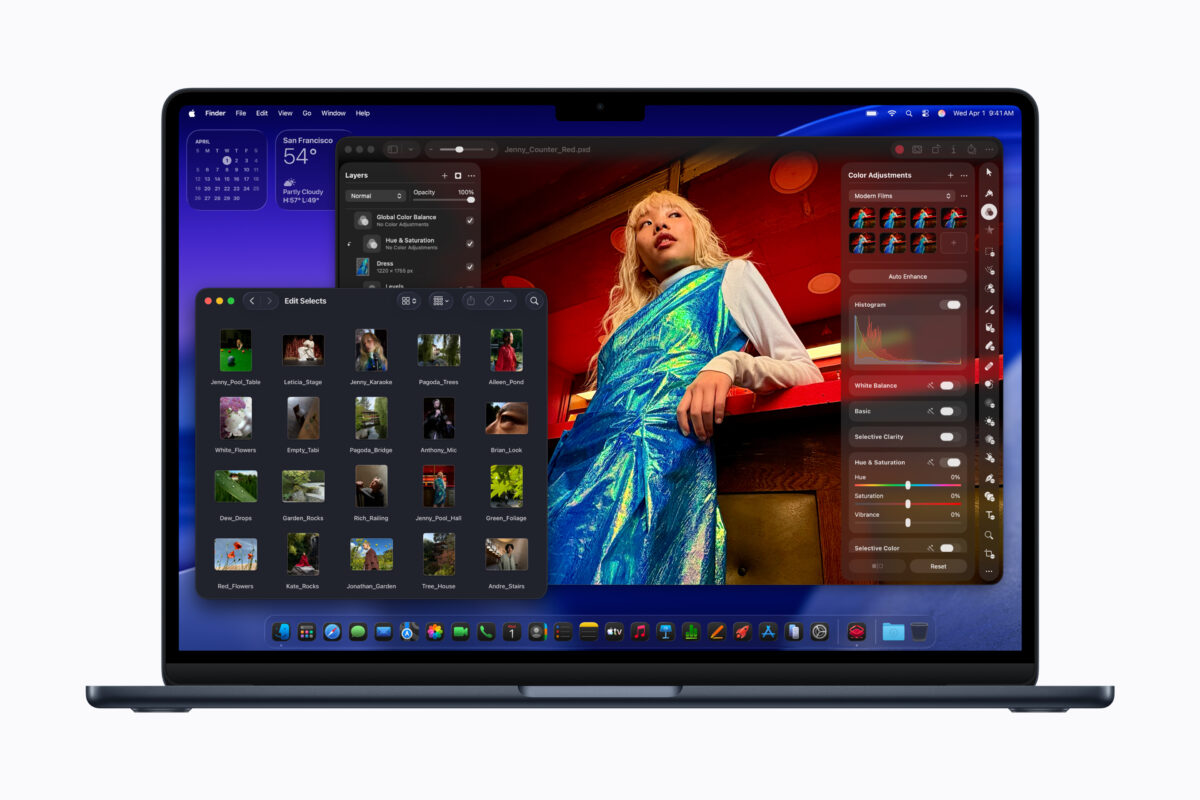 A Midnight MacBook Air showing the macOS Tahoe desktop with multiple open windows, including a photo gallery and advanced color adjustment tools.