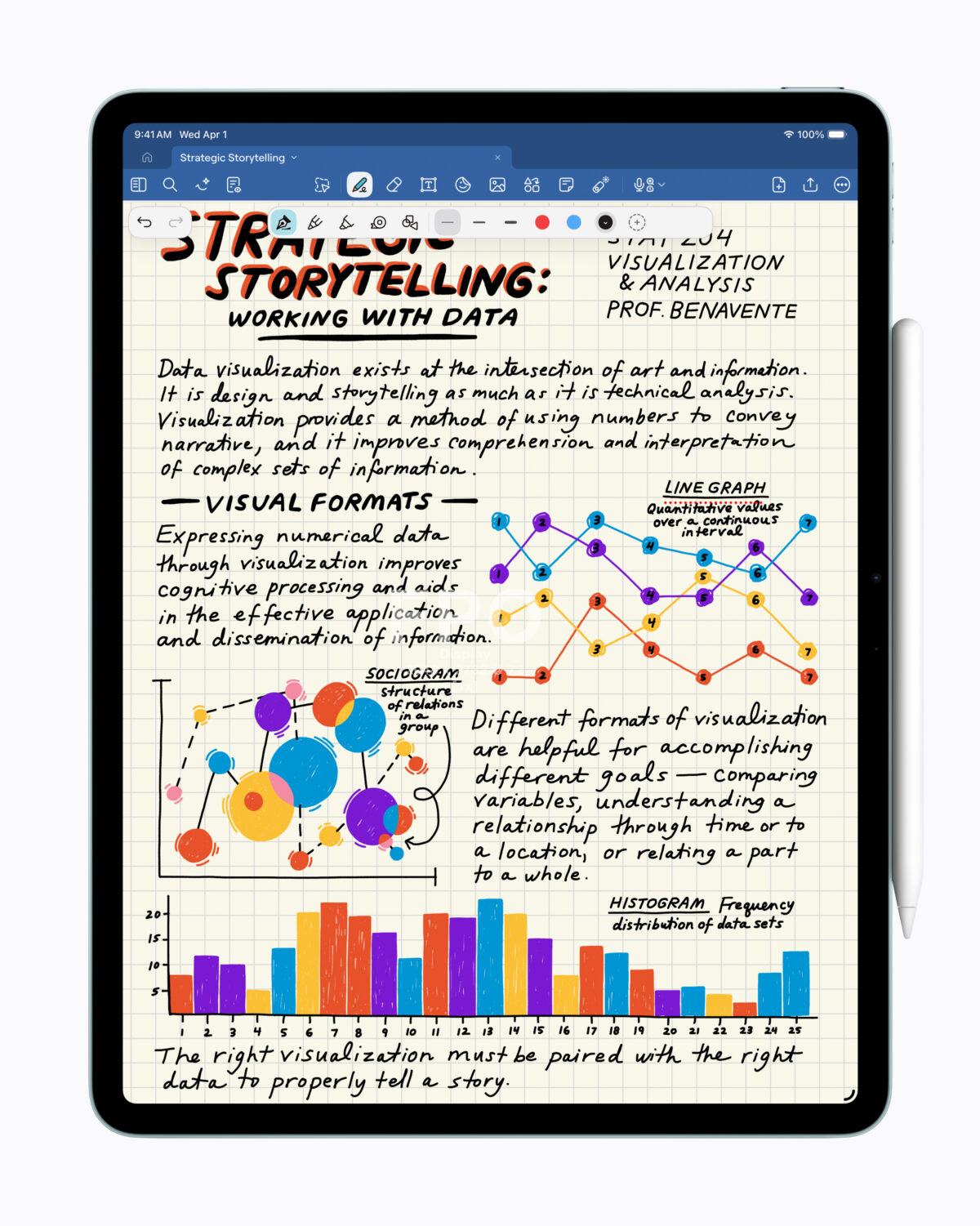 New 13-inch iPad Air M4 displaying advanced digital handwritten notes and colorful data visualizations in the Goodnotes 6 app with Apple Pencil Pro.