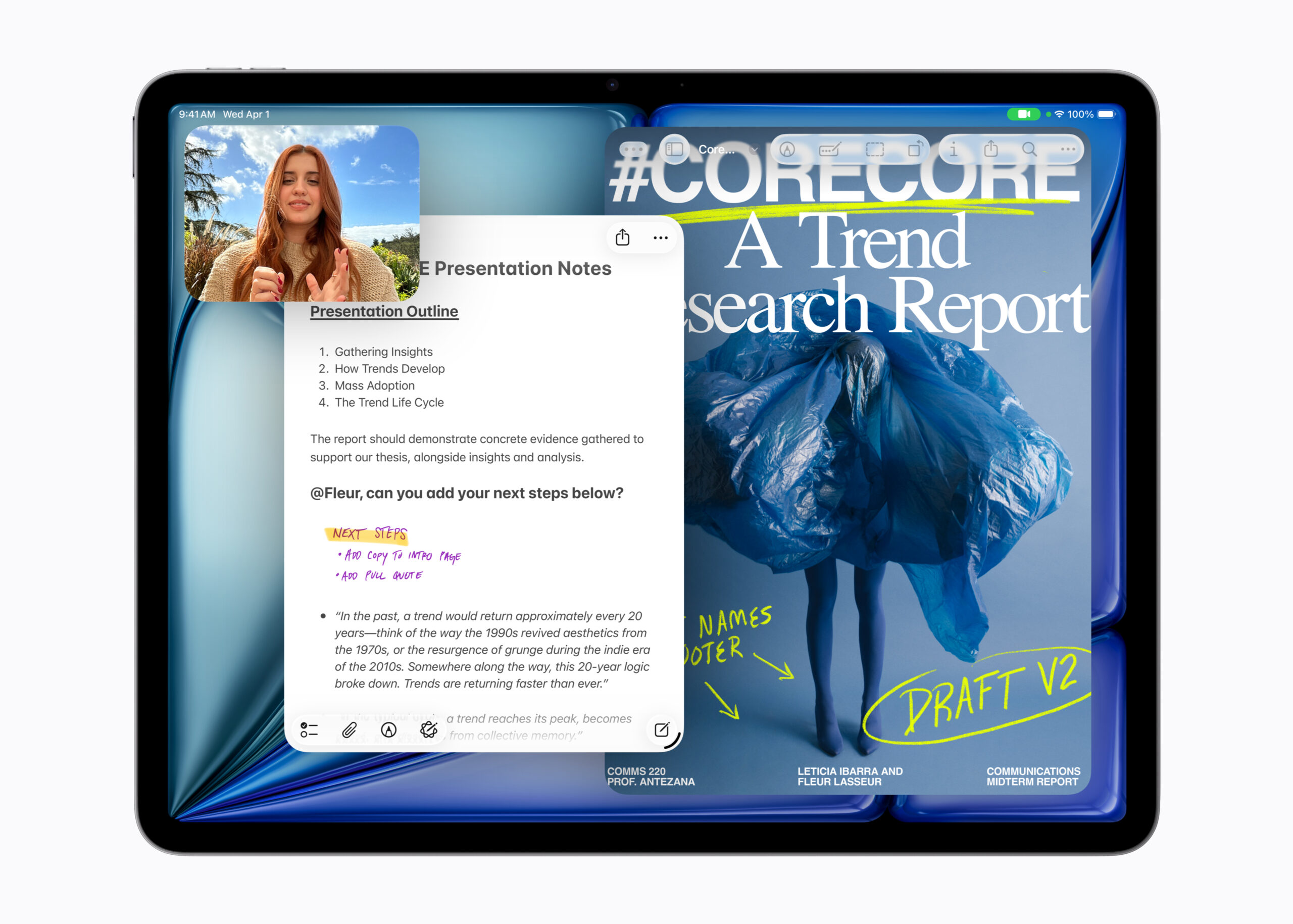iPad Air M4 in landscape mode showcasing the new iPadOS 26 windowing system with multiple apps, a video call, and Liquid Glass design elements.