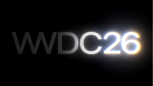 Official Apple WWDC26 logo featuring 'WWDC26' in sleek, metallic typography with a vibrant, glowing chromatic aberration e...