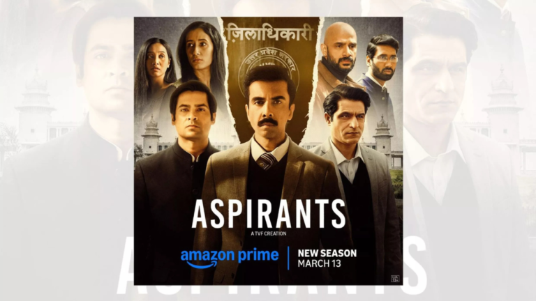Aspirants Season 3 on Prime Video: Release Date, Cast, and What to Expect 1 Official poster for Aspirants Season 3 featuring the lead cast Naveen Kasturia, Sunny Hinduja, Shivankit Singh Parihar, and Abhilash Thapliyal against a bureaucratic backdrop.