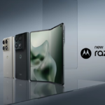 The new Motorola Razr Fold book-style foldable smartphone shown in Pantone Blackened Blue and Lily White finishes, highlighting its ultra-slim 4.6mm profile and triple rear camera system.