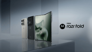 The new Motorola Razr Fold book-style foldable smartphone shown in Pantone Blackened Blue and Lily White finishes, highlig...
