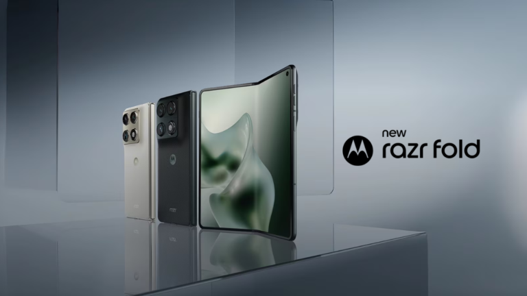 The new Motorola Razr Fold book-style foldable smartphone shown in Pantone Blackened Blue and Lily White finishes, highlighting its ultra-slim 4.6mm profile and triple rear camera system.
