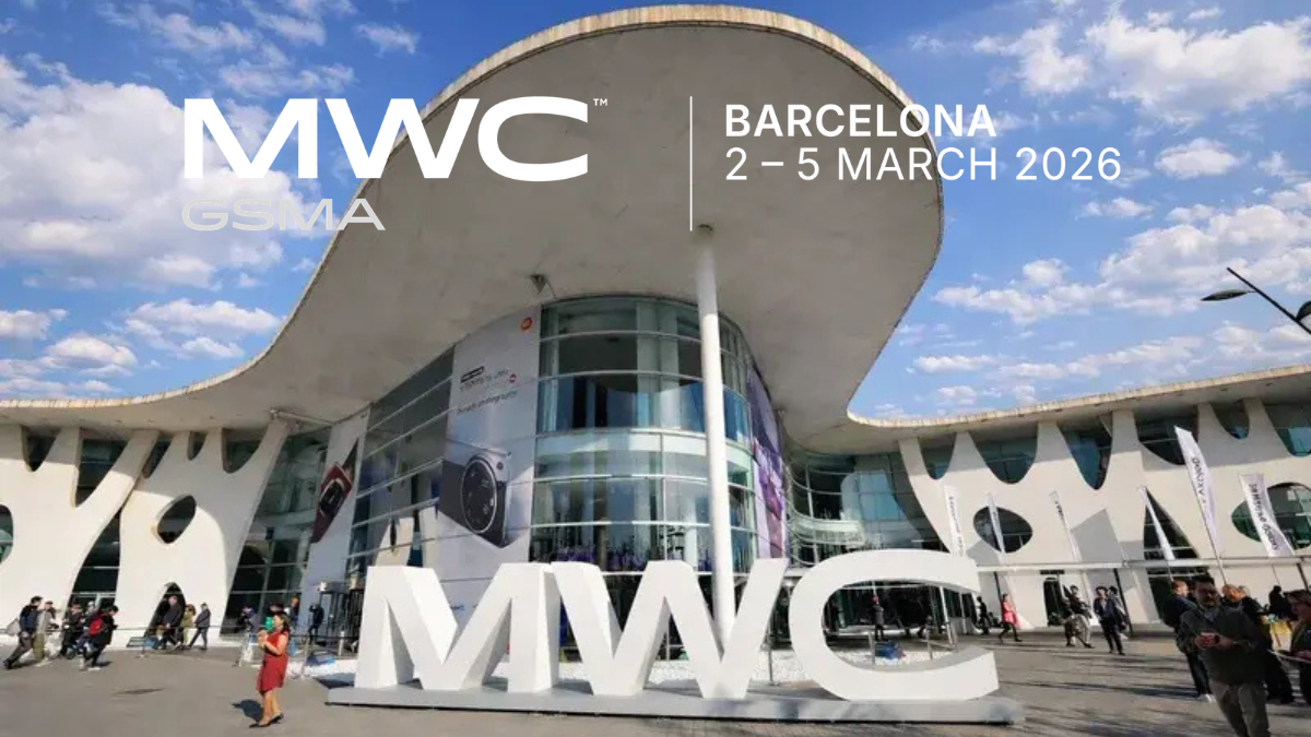 Wide shot of the Fira Barcelona Gran Via entrance for MWC 2026.