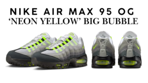A multi-angle view of the Nike Air Max 95 OG ‘Neon Yellow’ Big Bubble sneakers featuring the iconic grey gradient side pan...