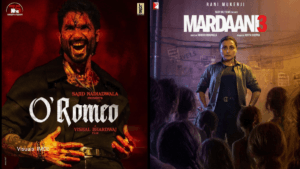 A side-by-side promotional poster comparison of Shahid Kapoor in the gritty noir O'Romeo and Rani Mukerji in the crime thr...