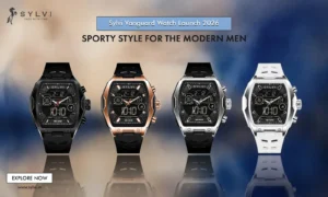Four color variants of the Sylvi Vanguard analog-digital hybrid watch for men including All Black, Rosegold, Silver, and W...