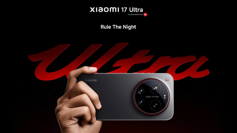 Professional hand-held shot of the Xiaomi 17 Ultra in Titanium Grey featuring the prominent Leica quad-camera module and "Rule The Night" branding.