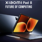 Official teaser image of the Xiaomi Pad 8 in a deep blue finish, shown with its magnetic keyboard case and stylus, featuring the text "FUTURE OF COMPUTING."