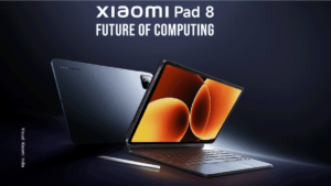 Official teaser image of the Xiaomi Pad 8 in a deep blue finish, shown with its magnetic keyboard case and stylus, featuri...