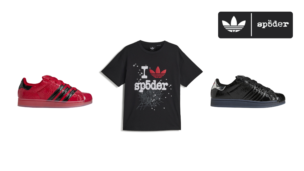 A studio shot featuring the red and black SP5DER x adidas Supermodified sneakers flanking a black "I Love Sp5der" Trefoil graphic T-shirt.