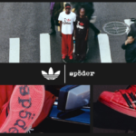 A collage showing models in a city crosswalk wearing the collaboration, with close-ups of the red sneaker's outsole branding and the metallic spider keychain.