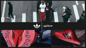 A collage showing models in a city crosswalk wearing the collaboration, with close-ups of the red sneaker's outsole brandi...