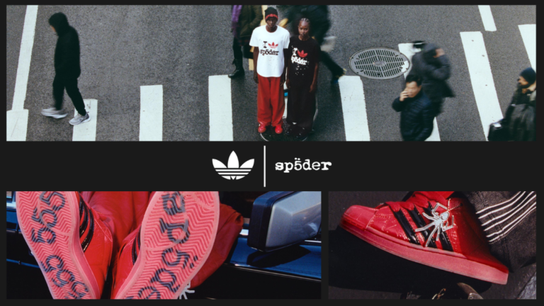 OUT NOW: adidas Originals and SP5DER Unleash Global Collaboration Featuring the Supermodified Superstar 8 A collage showing models in a city crosswalk wearing the collaboration, with close-ups of the red sneaker's outsole branding and the metallic spider keychain.