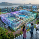 An aerial, AI-generated visualization of a modern university campus featuring a complex, glowing digital twin overlay and floating holographic data panels around a central athletic building. In the foreground terrace, a group of six people interact with the system using AR/VR gear and a touch-table console. A large lake and hills are visible in the background.