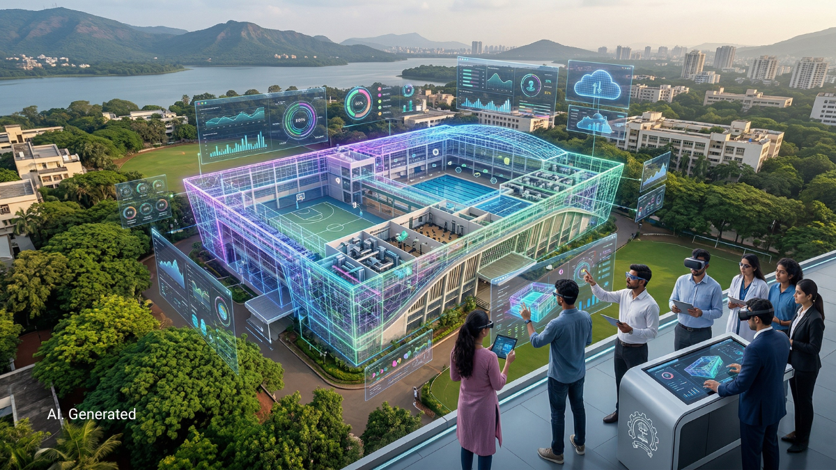 Tech Mahindra & IIT Bombay Forge 3D Digital Twin: A Blueprint for India’s Smart Campuses 1 An aerial, AI-generated visualization of a modern university campus featuring a complex, glowing digital twin overlay and floating holographic data panels around a central athletic building. In the foreground terrace, a group of six people interact with the system using AR/VR gear and a touch-table console. A large lake and hills are visible in the background.