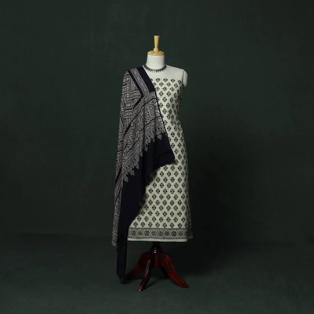 Ajrakh Hand Block Print Natural Dyed Cotton 2pc Unstitched Dress Material from iTokri in indigo and cream earth tones.