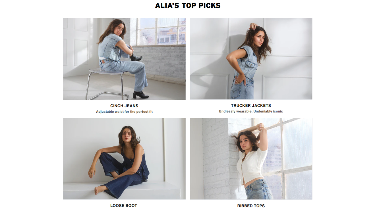 Grid showing Alia Bhatt in Levi's Cinch Jeans, Trucker Jackets, Loose Boot jeans, and Ribbed Tops.