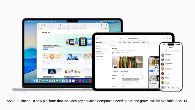 A MacBook, iPad, and iPhone displaying the new Apple Business unified platform interface, scheduled for an April 14 launch.