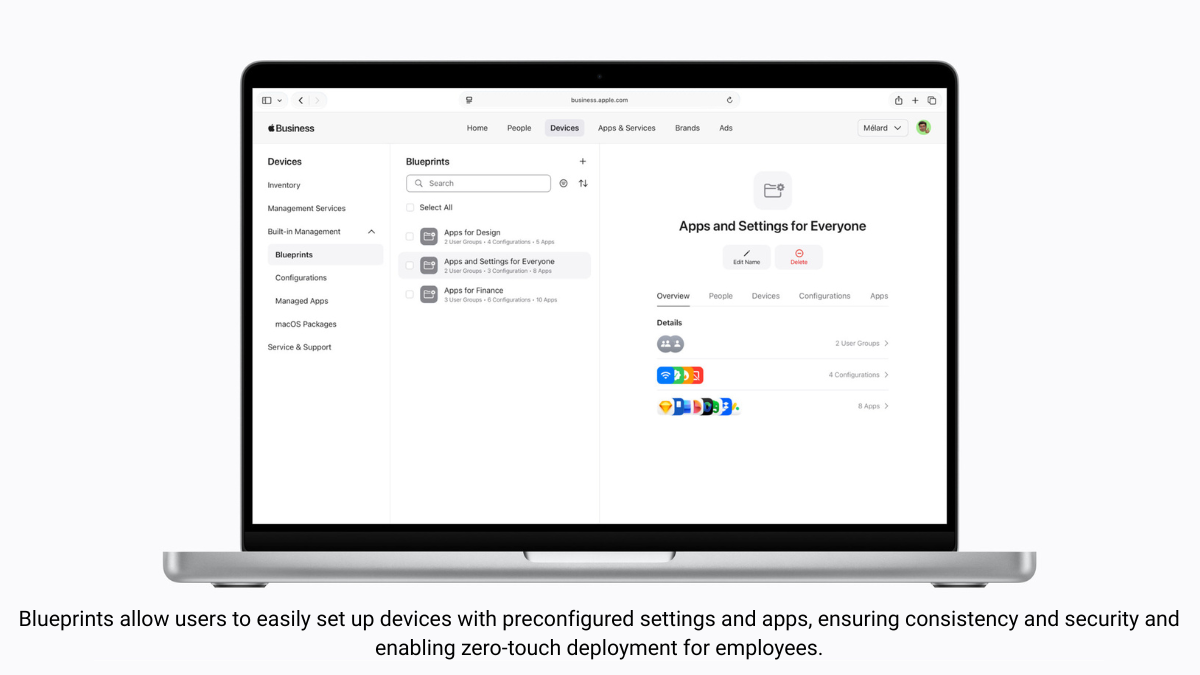 A MacBook screen showing the Apple Business Blueprints interface for preconfiguring device settings and apps for zero-touch employee deployment.