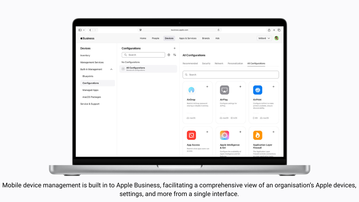 A MacBook displaying the built-in Mobile Device Management (MDM) configurations page within the Apple Business web portal.