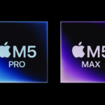 High-resolution render of Apple’s M5 Pro and M5 Max chips side-by-side on a black background, showcasing the new dual-die Fusion Architecture design.