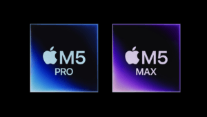 High-resolution render of Apple’s M5 Pro and M5 Max chips side-by-side on a black background, showcasing the new dual-die ...