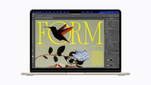 A Starlight MacBook Air running Adobe Photoshop 2026, displaying a creative "FORM" magazine layout with a hummingbird and ...