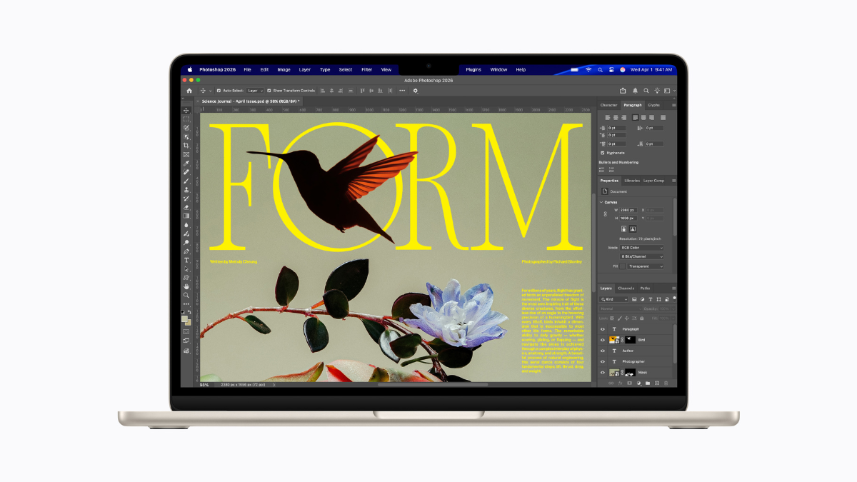A Starlight MacBook Air running Adobe Photoshop 2026, displaying a creative "FORM" magazine layout with a hummingbird and floral elements on a high-resolution Liquid Retina display.