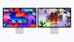 Side-by-side comparison of the standard Apple Studio Display and the new Studio Display XDR with Mini-LED technology.