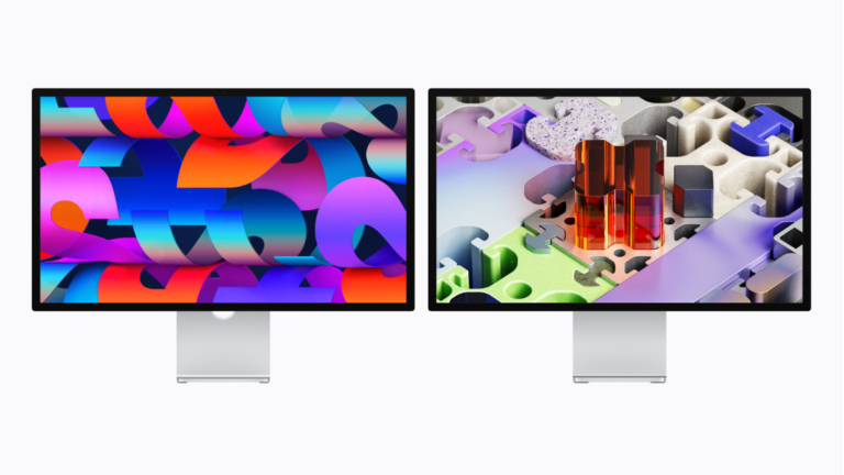 Side-by-side comparison of the standard Apple Studio Display and the new Studio Display XDR with Mini-LED technology.