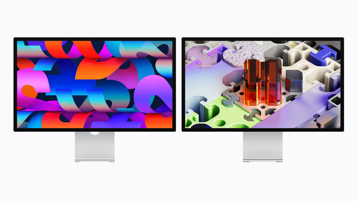 Side-by-side comparison of the standard Apple Studio Display and the new Studio Display XDR with Mini-LED technology.