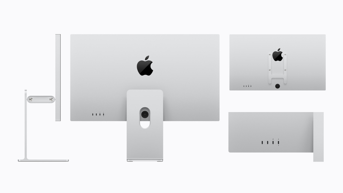 Multiple angles of the Studio Display XDR showing the Thunderbolt 5 ports, VESA mount, and tilt-adjustable stand.