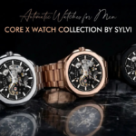 Three Sylvi Core-X automatic skeleton watches for men in black, silver, and rose gold stainless steel finishes.