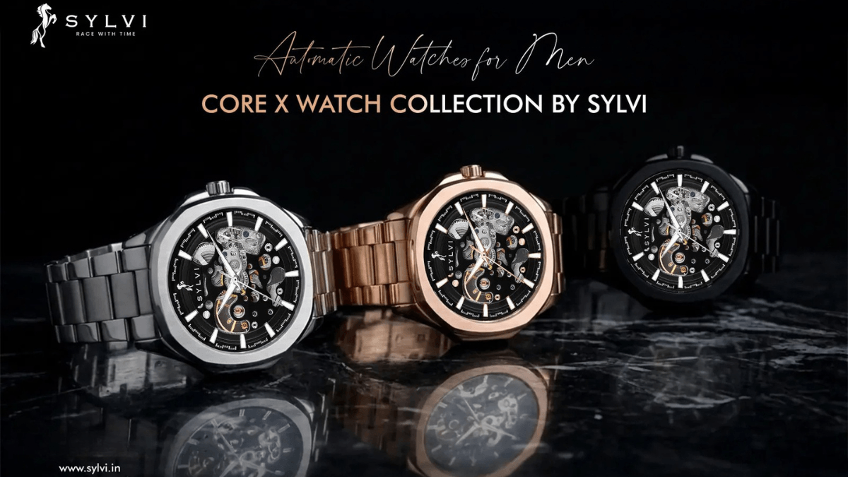Mastering Time with Kinetic Art: Why the Sylvi Core-X Skeleton Automatic is the New Identity of the Modern Indian Man 1 Three Sylvi Core-X automatic skeleton watches for men in black, silver, and rose gold stainless steel finishes.