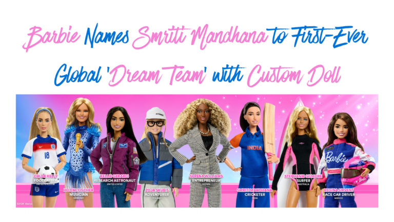 A lineup of the 2026 Barbie Global Dream Team custom dolls featuring Smriti Mandhana, Serena Williams, Chloe Kelly, Kellie Gerardi, Zoja Skubis, Helene Fischer, Stephanie Gilmore, and Regina Sirvent.