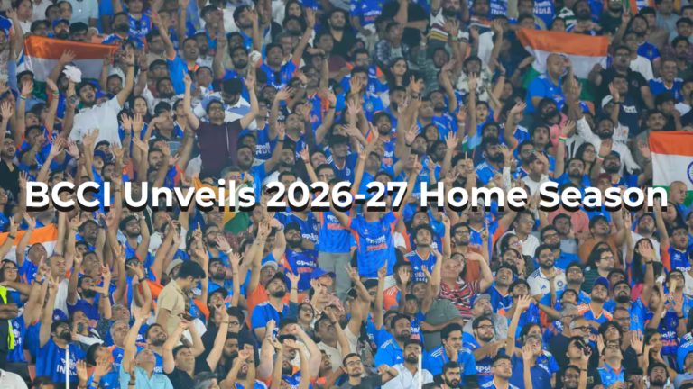 A celebratory crowd of Indian cricket fans with an overlay text reading "BCCI Unveils 2026-27 Home Season".