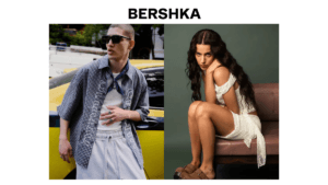 Male model in a checkered short-sleeve shirt and female model in a white lace dress showcasing Bershka's 2026 spring colle...
